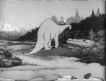 Still from 'Gertie on Tour' featuring Gertie the dinosaur and a streetcar